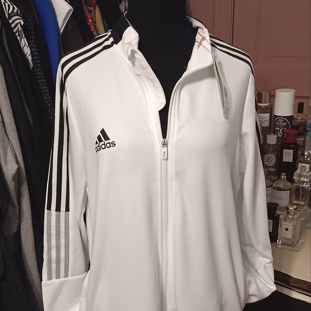 Adidas Classic White Track Jacket with Black Accents. Zip Up. Side Pockets.